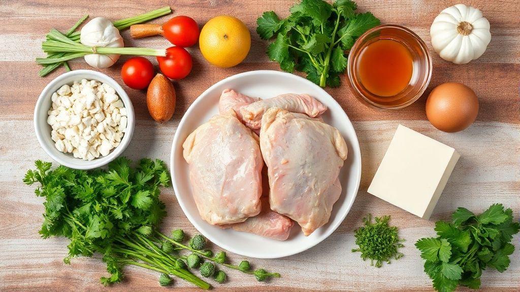 Visão de cima com os ingredientes do frango crocante organizados em uma bancada de cozinha