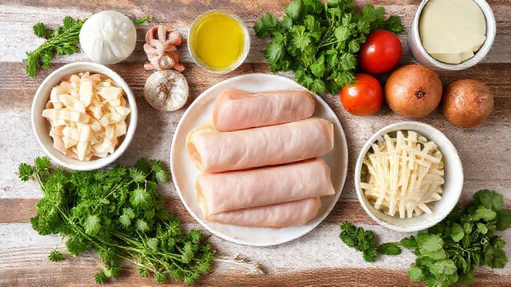 Visão de cima com os ingredientes da receita organizados em uma bancada rústica