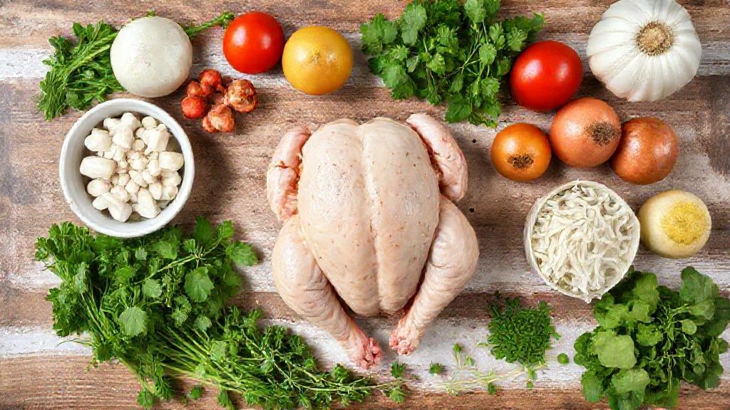 Visão de cima com os ingredientes da receita organizados em uma bancada de madeira rústica