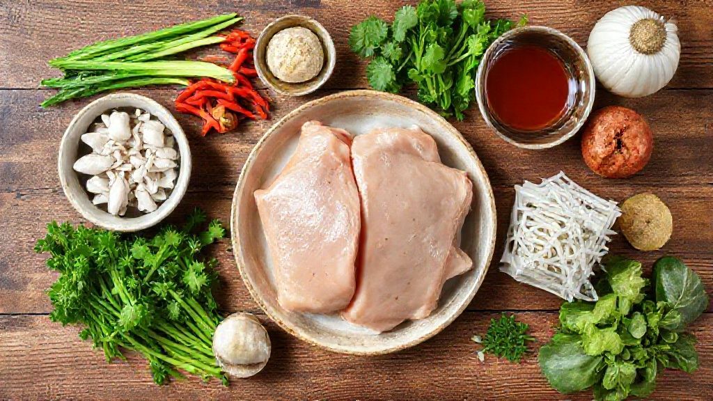 Visão de cima com os ingredientes da receita organizados em uma bancada de madeira rústica.