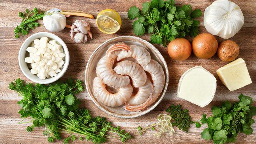 Visão de cima com os ingredientes da receita organizados em uma bancada de madeira