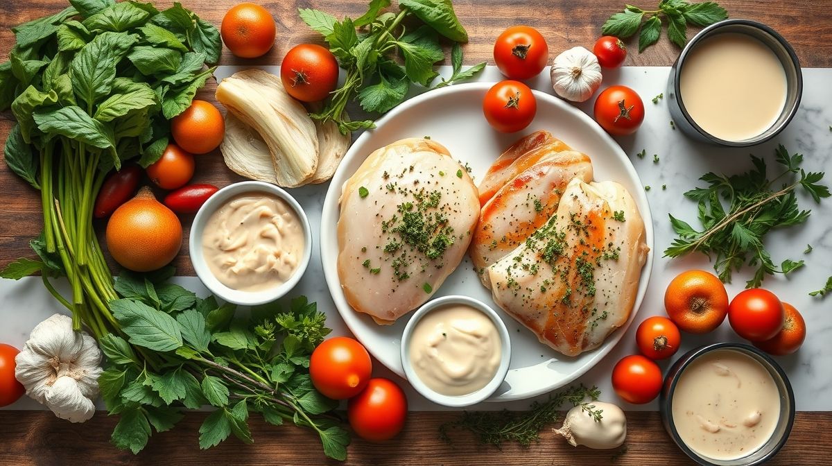 Visão de cima com os ingredientes do fricassê de frango organizados em uma bancada rústica