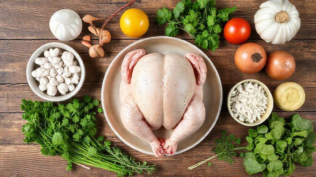 Visão de cima com o galeto, temperos, azeite e ervas organizados em uma bancada de madeira