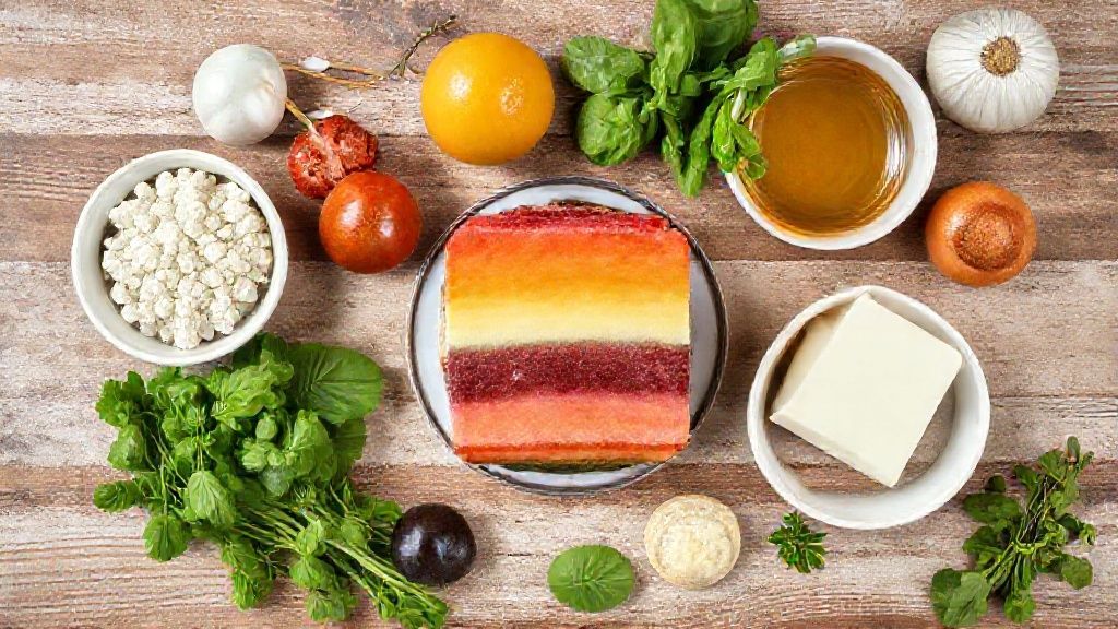 Ingredientes de gelatina e produtos lácteos dispostos sobre uma bancada de cozinha