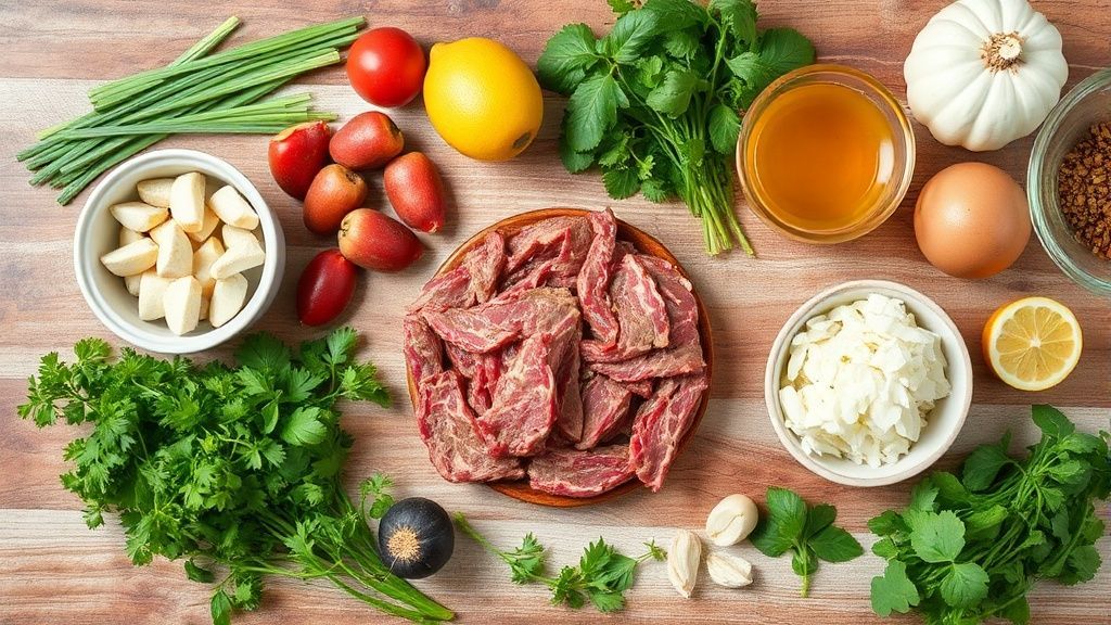 Visão de cima com batatas, mandioquinha, carne seca, queijos e temperos organizados sobre uma bancada rústica.