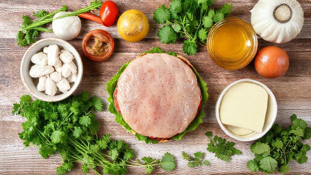 Visão de cima com os ingredientes frescos e temperos para a receita dispostos de forma organizada