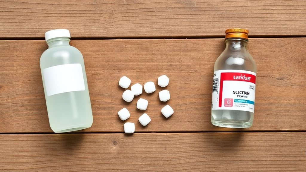 Ingredientes dispostos sobre bancada de madeira: glicerina, comprimidos de AAS e frasco de água oxigenada