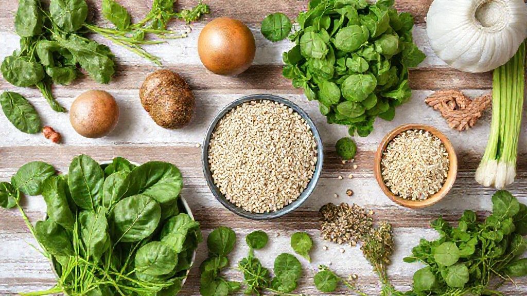 Visão de cima mostrando espinafre fresco, aveia, ovos e temperos organizados sobre uma bancada de mármore