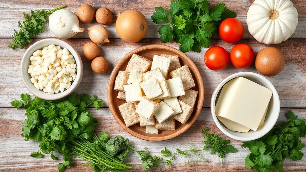 Visão de cima com os ingredientes organizados — carne moída, trigo, hortelã e catupiry