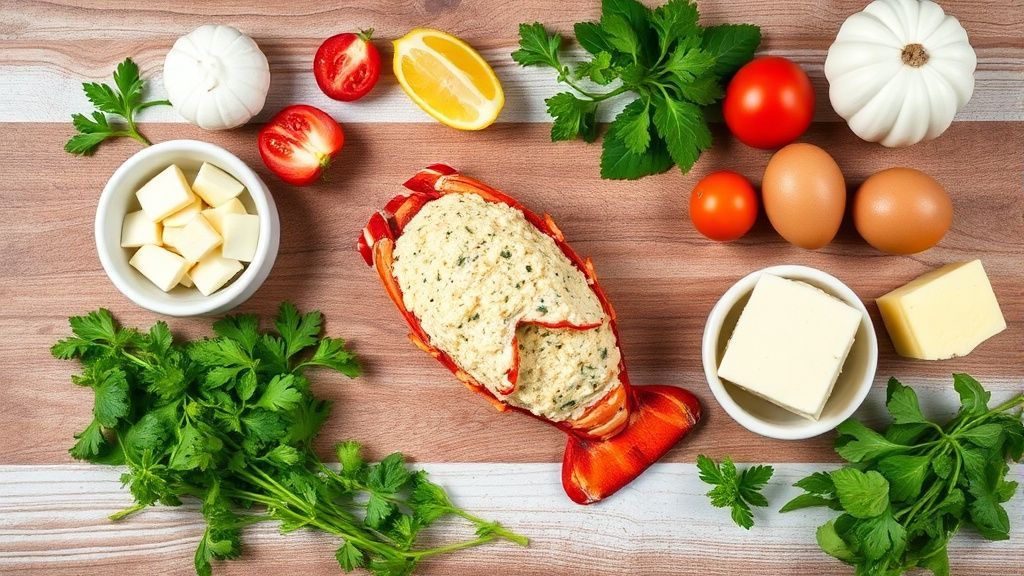 Visão de cima com caudas de lagosta, queijos, creme e temperos dispostos sobre bancada de madeira