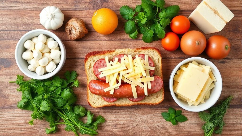 Visão de cima com pão de forma, salsicha, queijo, molho de tomate e temperos organizados em uma bancada