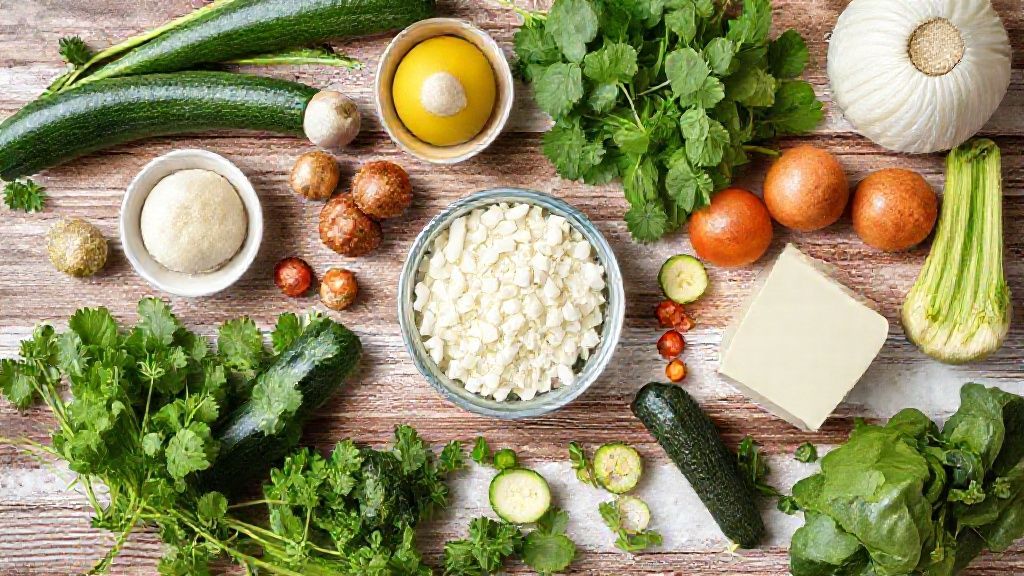 Visão de cima mostrando abobrinhas, ovos, queijos e requeijão organizados sobre uma bancada