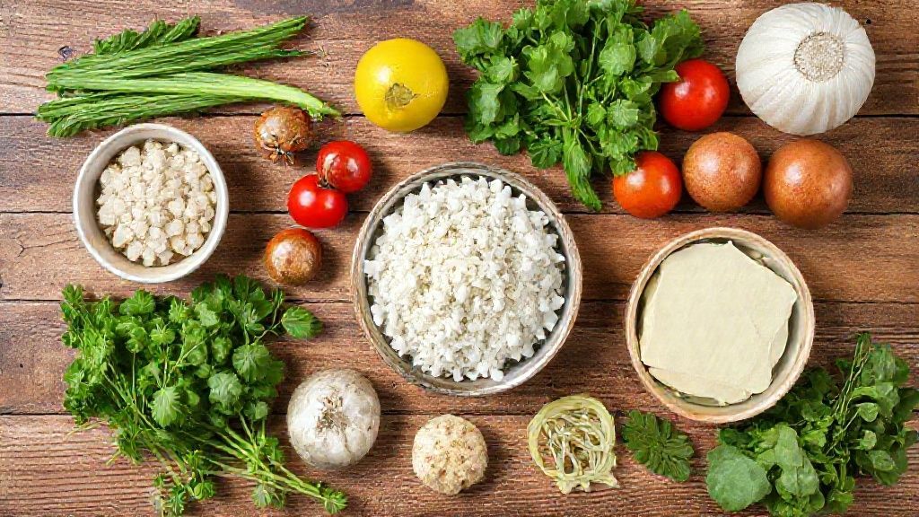 Ingredientes do lanche low carb vistos de cima, dispostos em bancada de madeira rústica