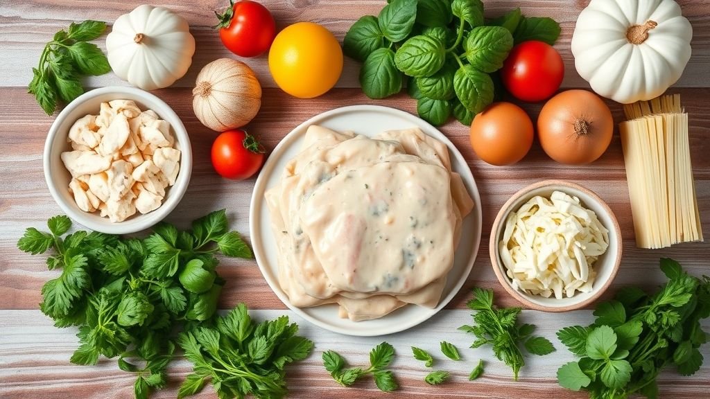 Visão de cima mostrando os ingredientes da lasanha de frango organizados em bancada de madeira