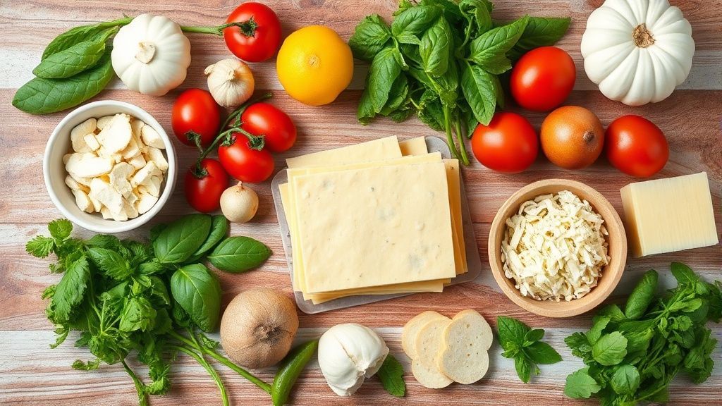 Ingredientes da lasanha dispostos sobre bancada de madeira, incluindo queijo, molho e orégano
