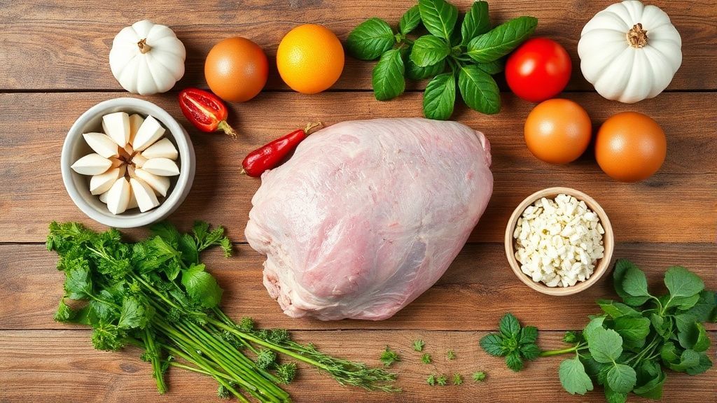 Visão de cima com o leitão, ervas, alho, vinho e temperos organizados em uma bancada rústica