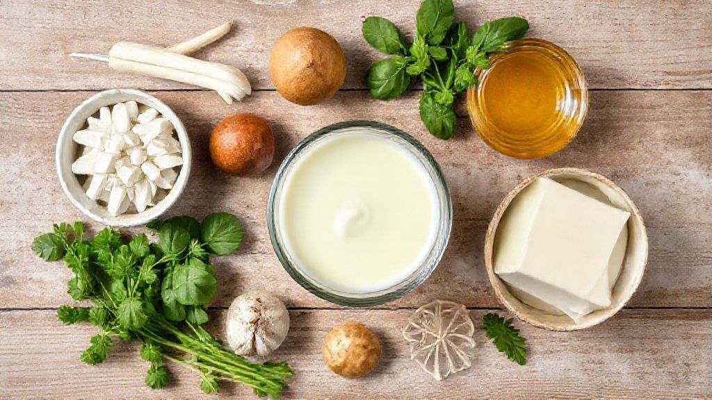 Visão de cima com leite em pó, açúcar e água quente organizados sobre bancada rústica.