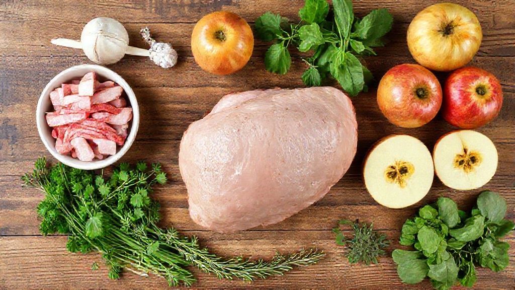 Visão de cima com o lombo cru, fatias de bacon, maçãs, ervas e temperos dispostos em bancada de madeira