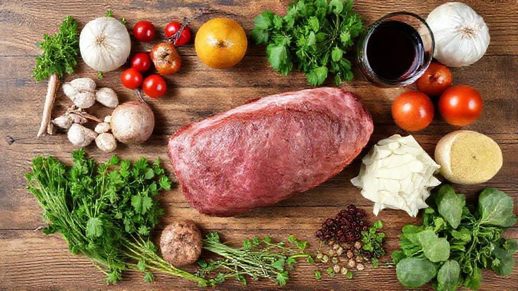 Visão de cima dos ingredientes organizados sobre uma bancada rústica, incluindo o lombo, vinho tinto e ervas aromáticas
