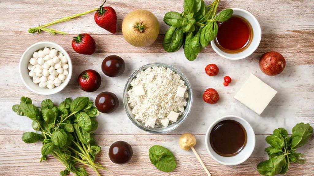 Visão de cima com maçãs, chocolate picado, palitos e confeitos organizados em uma bancada