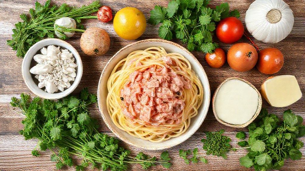 Ingredientes frescos e organizados na bancada: atum, tomate, alho, azeite, macarrão e temperos.