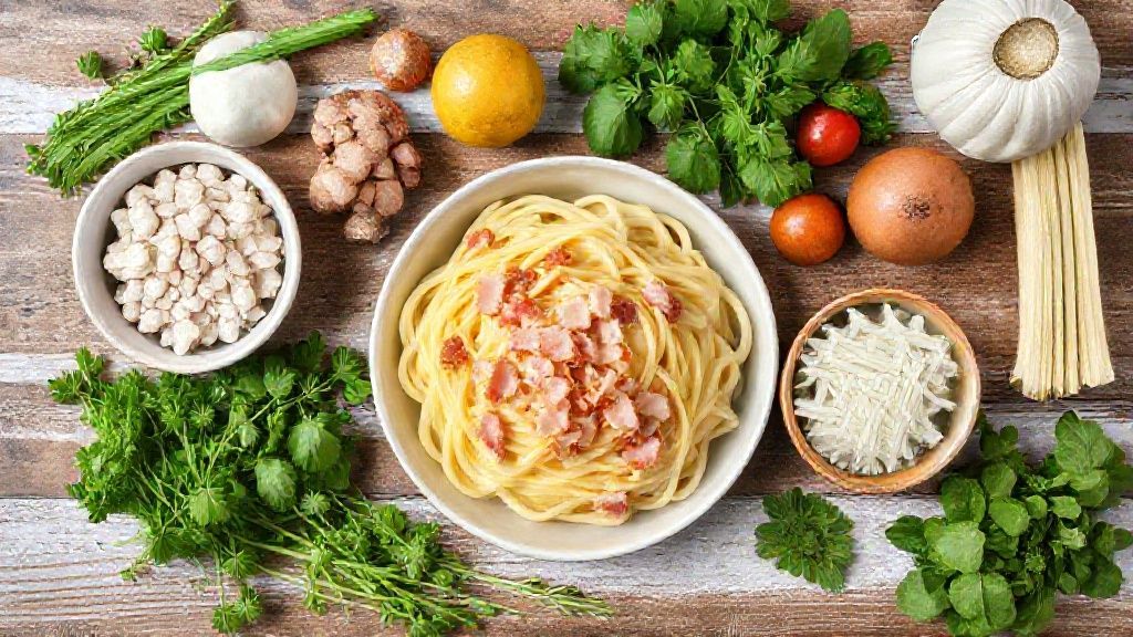 Visão de cima mostrando macarrão, bacon, queijos, creme de leite e temperos organizados em uma bancada.