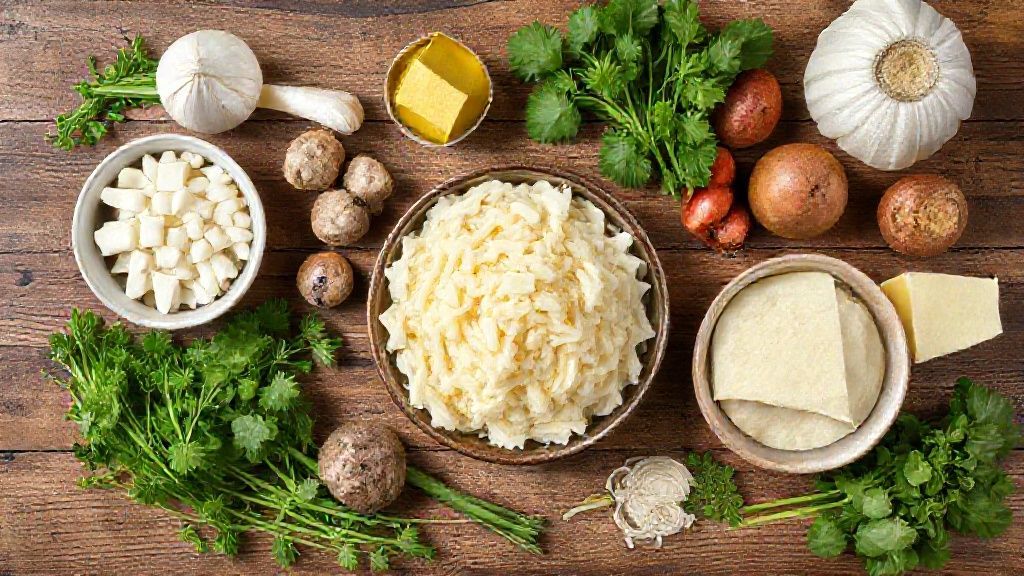 Visão de cima com mandioca crua, sal, manteiga, amido de milho e óleo organizados sobre bancada de madeira.