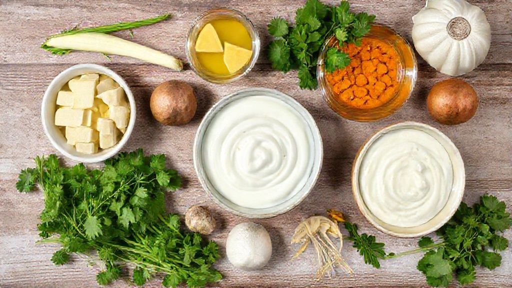 Visão de cima com mandioquinha, curry, iogurte, açafrão-da-terra e ervas frescas organizados em uma bancada de madeira