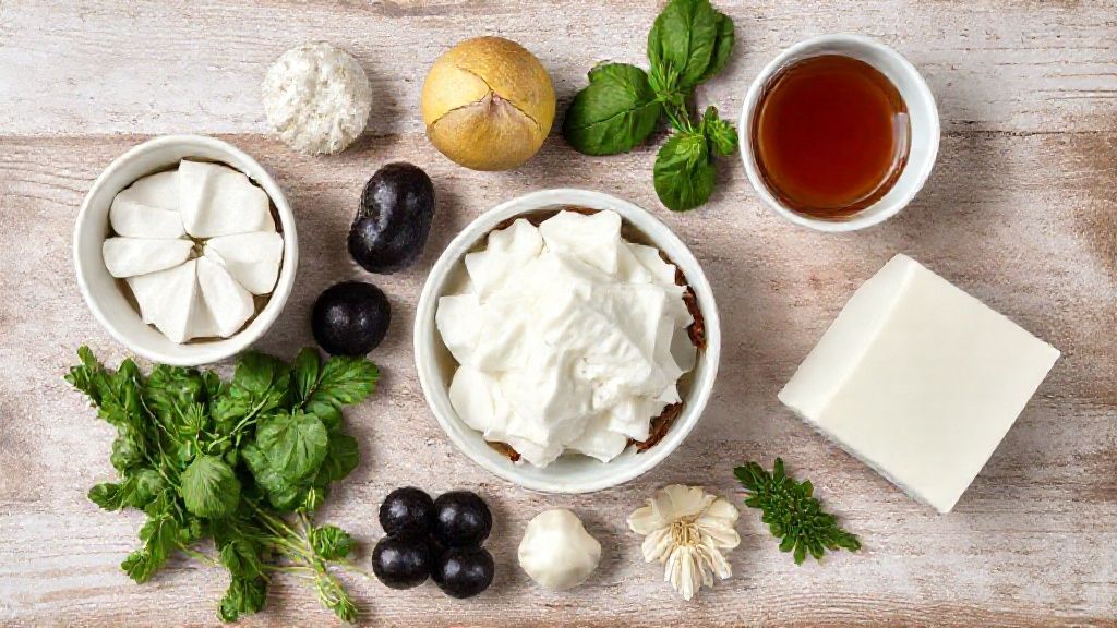 Ingredientes da receita dispostos sobre bancada: leite, coco ralado, amido de milho, ameixas e açúcar.