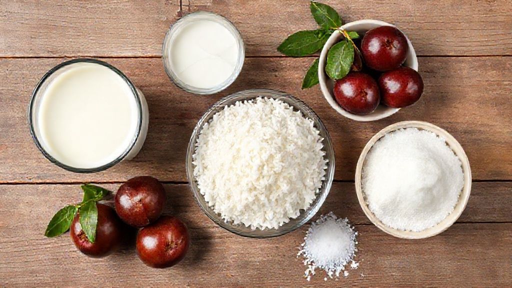 Visão de cima com os ingredientes da receita organizados em uma bancada