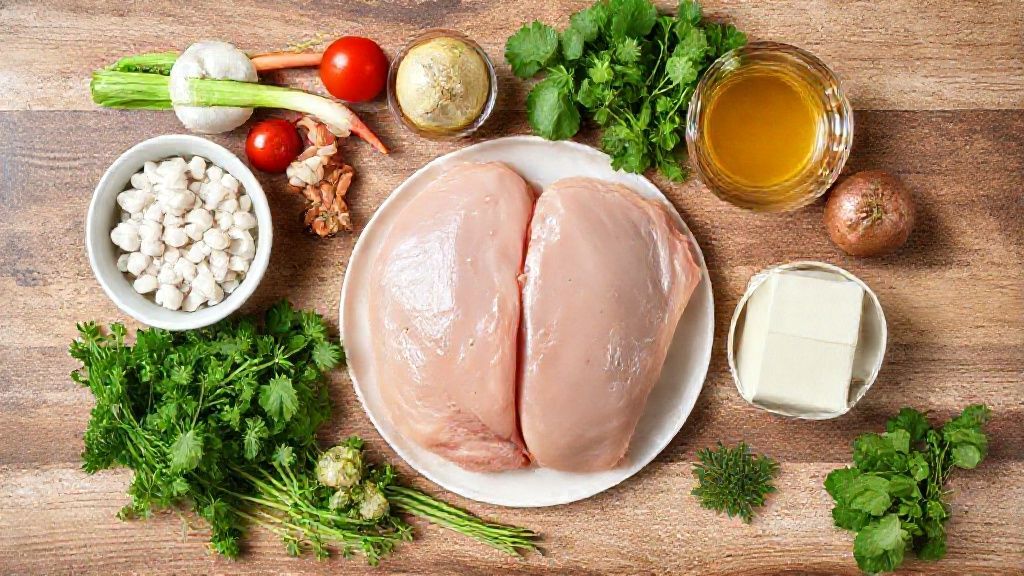 Visão de cima com os pedaços de frango e os temperos dispostos sobre uma bancada de madeira