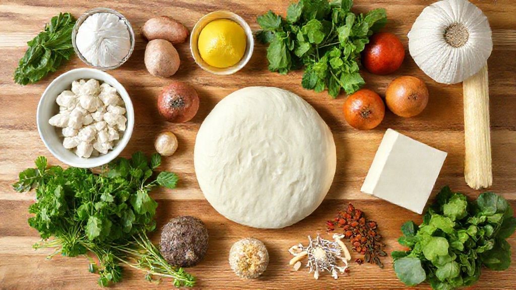 Visão de cima mostrando farinha, óleo, sal, aguardente e água organizados em uma bancada de madeira