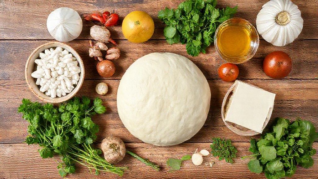 Visão de cima com farinha, leite, fermento e outros ingredientes dispostos em uma bancada de madeira