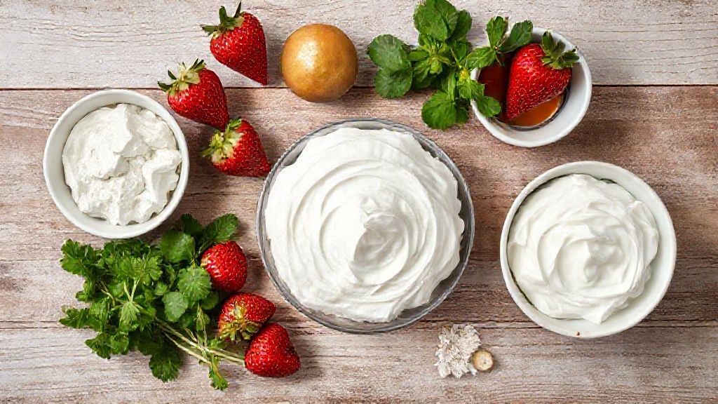 Ingredientes frescos e medidos em tigelas dispostos sobre bancada de mármore.