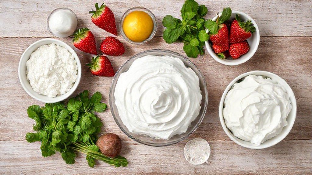 Visão de cima com morangos, claras, açúcar e creme de leite organizados sobre bancada