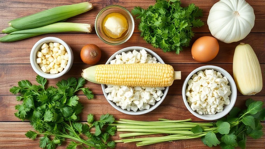 Visão de cima com espigas de milho, panela, água e manteiga organizados em bancada de madeira.