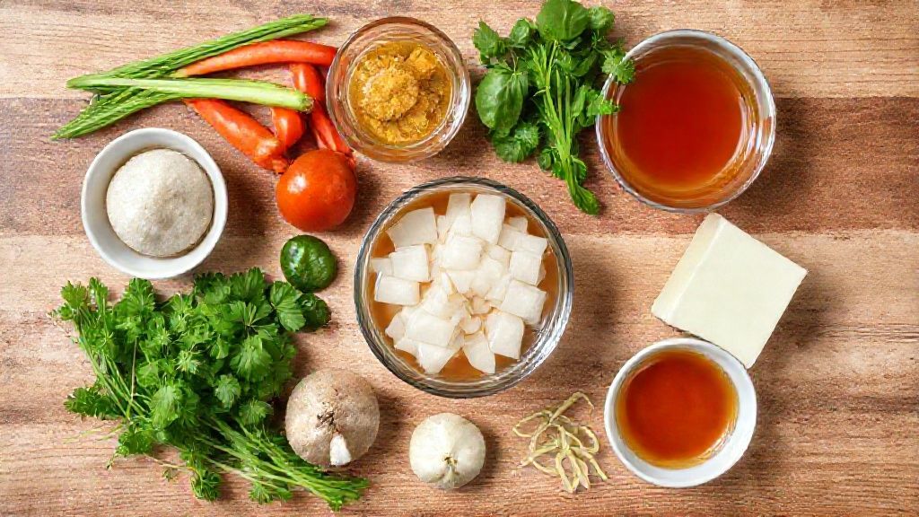 Ingredientes do molho agridoce organizados sobre uma bancada de madeira com utensílios de cozinha ao redor