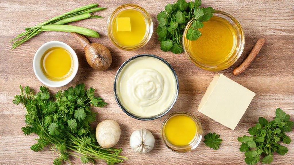 Visão de cima dos ingredientes do molho de mostarda e mel dispostos sobre bancada de madeira.