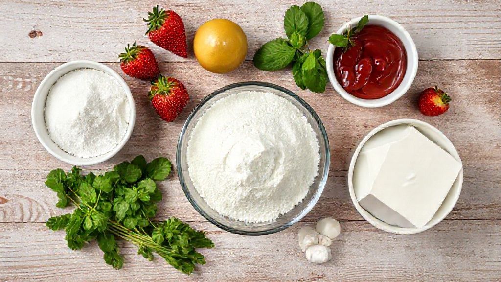Visão de cima dos ingredientes — Leite Ninho, morangos, creme de leite, leite condensado e gelatina — organizados em uma bancada