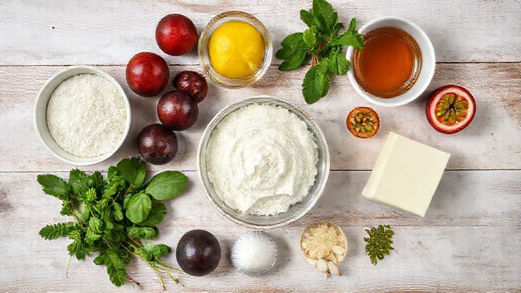 Visão de cima com leite condensado, creme de leite, suco e polpa de maracujá organizados em uma bancada rústica