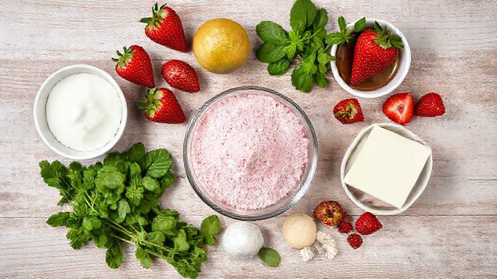 Visão de cima com os ingredientes organizados em uma bancada: leite condensado, creme de leite, leite e suco em pó de morango.