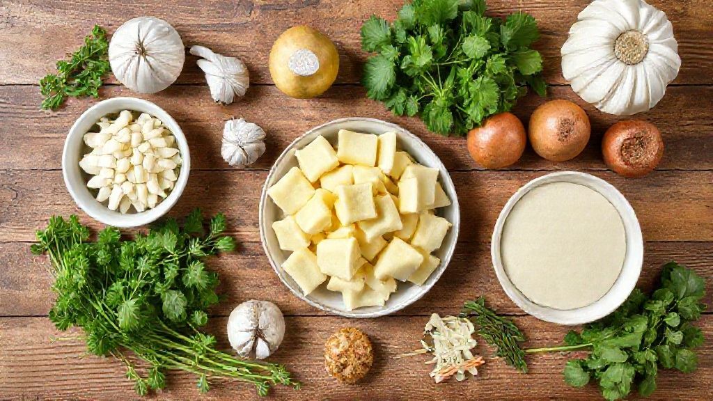 Visão de cima com batatas, farinha, leite e manteiga dispostos em uma bancada de madeira