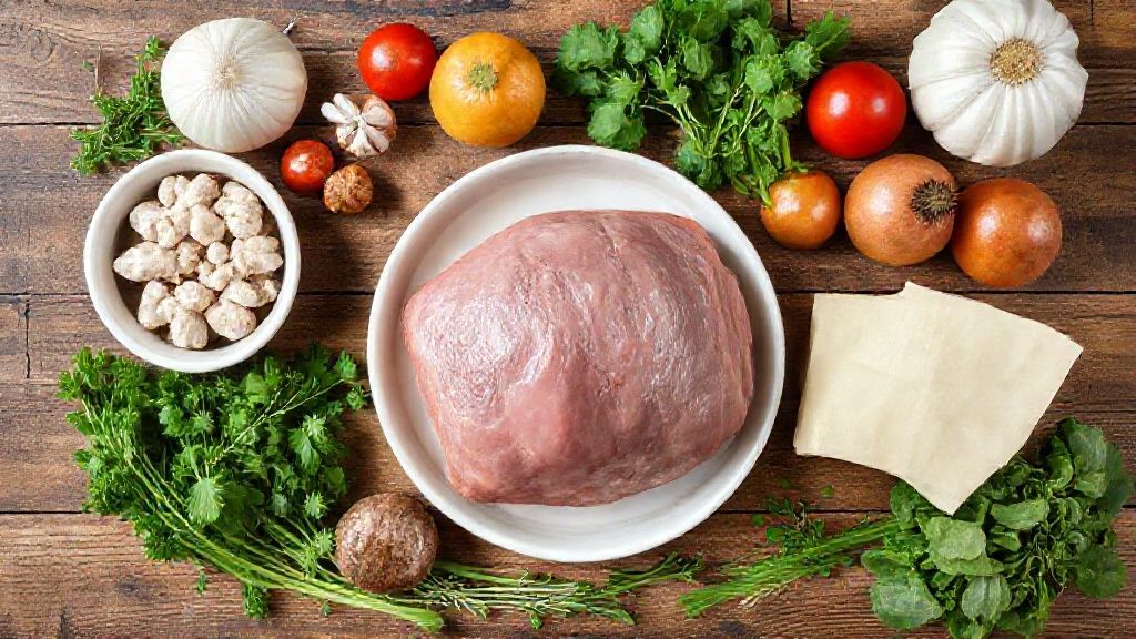 Visão de cima com os ingredientes do ossobuco organizados sobre uma bancada de madeira