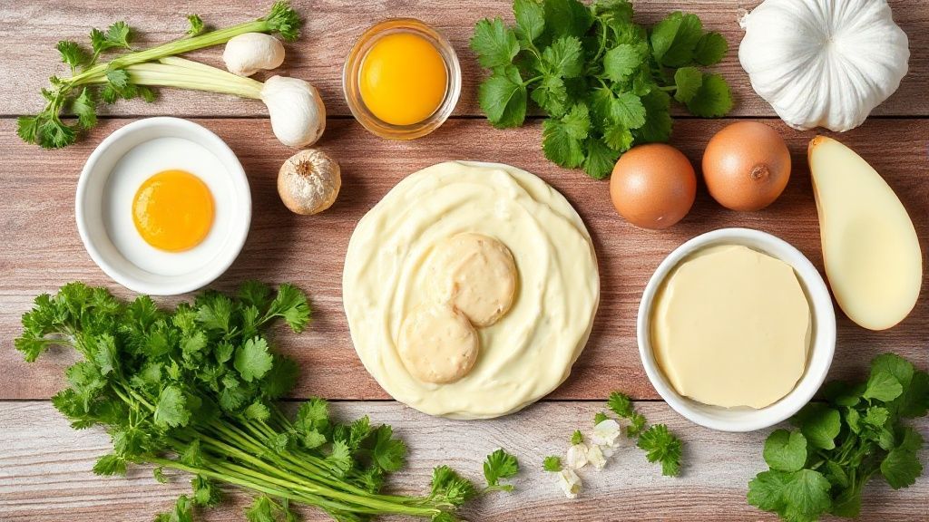 Ingredientes dispostos sobre uma bancada — ovos, leite, sal, pimenta e ervas frescas