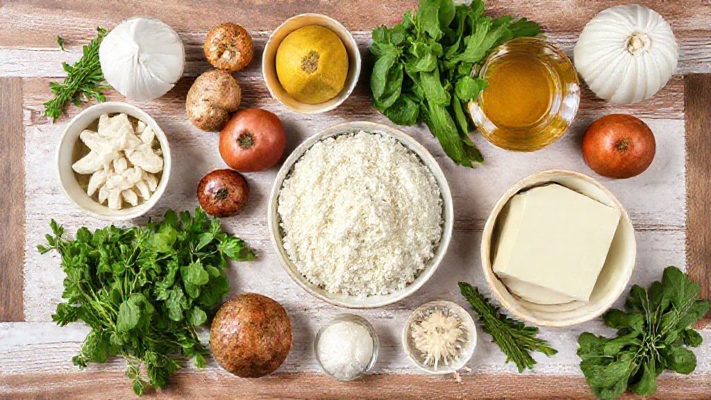 Visão de cima com farinha, ovos, manteiga, frutas cristalizadas e fermento organizados sobre bancada de mármore