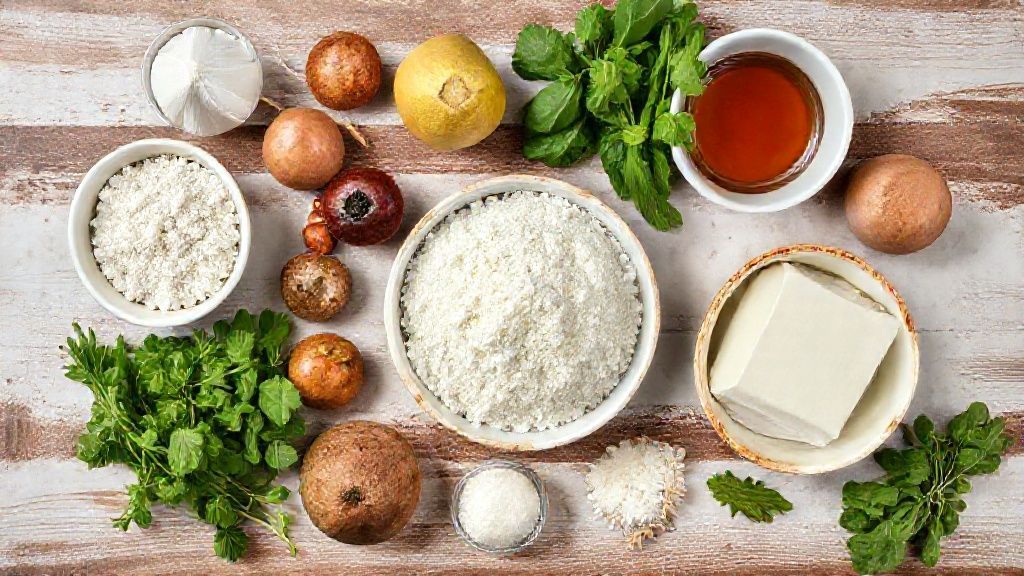 Visão de cima dos ingredientes alinhados em bancada de madeira para preparo da receita