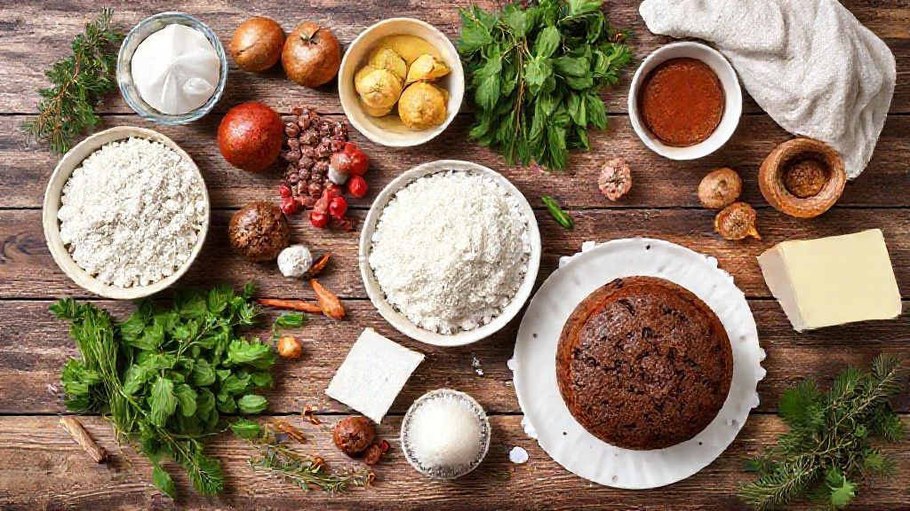 Visão de cima com os ingredientes frescos do panetone e chocotone organizados em bancada de madeira