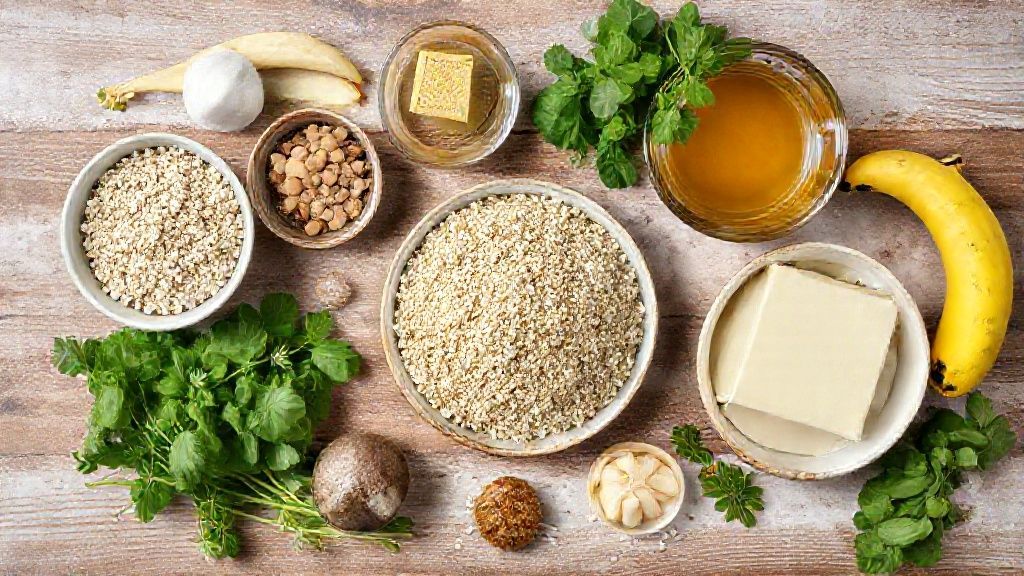 Vista de cima com bananas, aveia, ovos e leite organizados em tigelas sobre uma superfície de madeira clara