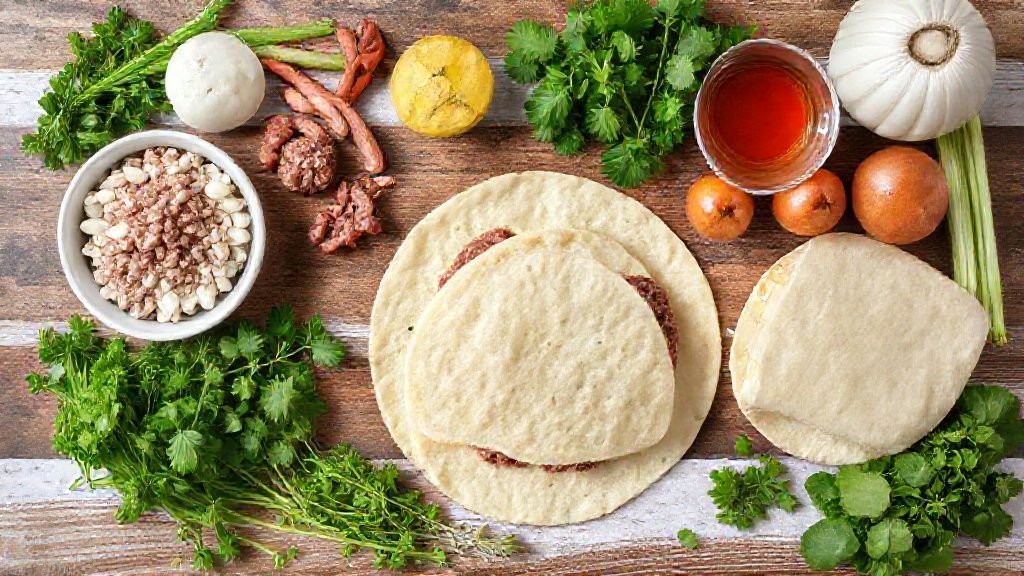 Visão de cima com leite, ovos, farinha, carne moída e temperos organizados na bancada
