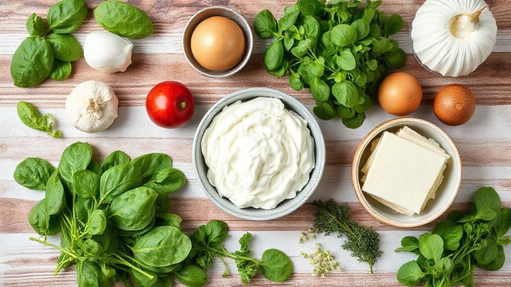 Visão de cima mostrando espinafre, ricota, farinha, ovos, leite e temperos organizados em bancada de madeira
